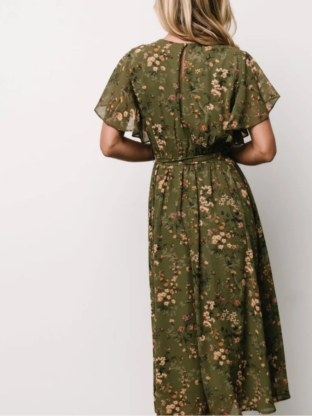 New!!! Baltic Born Olive Green Floral Midi Dress with Tie Waist - Picture 6 of 17